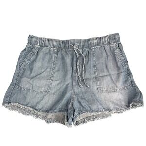 For The Republic Blue Chambray Shorts Elastic Waist Frayed Hem Medium